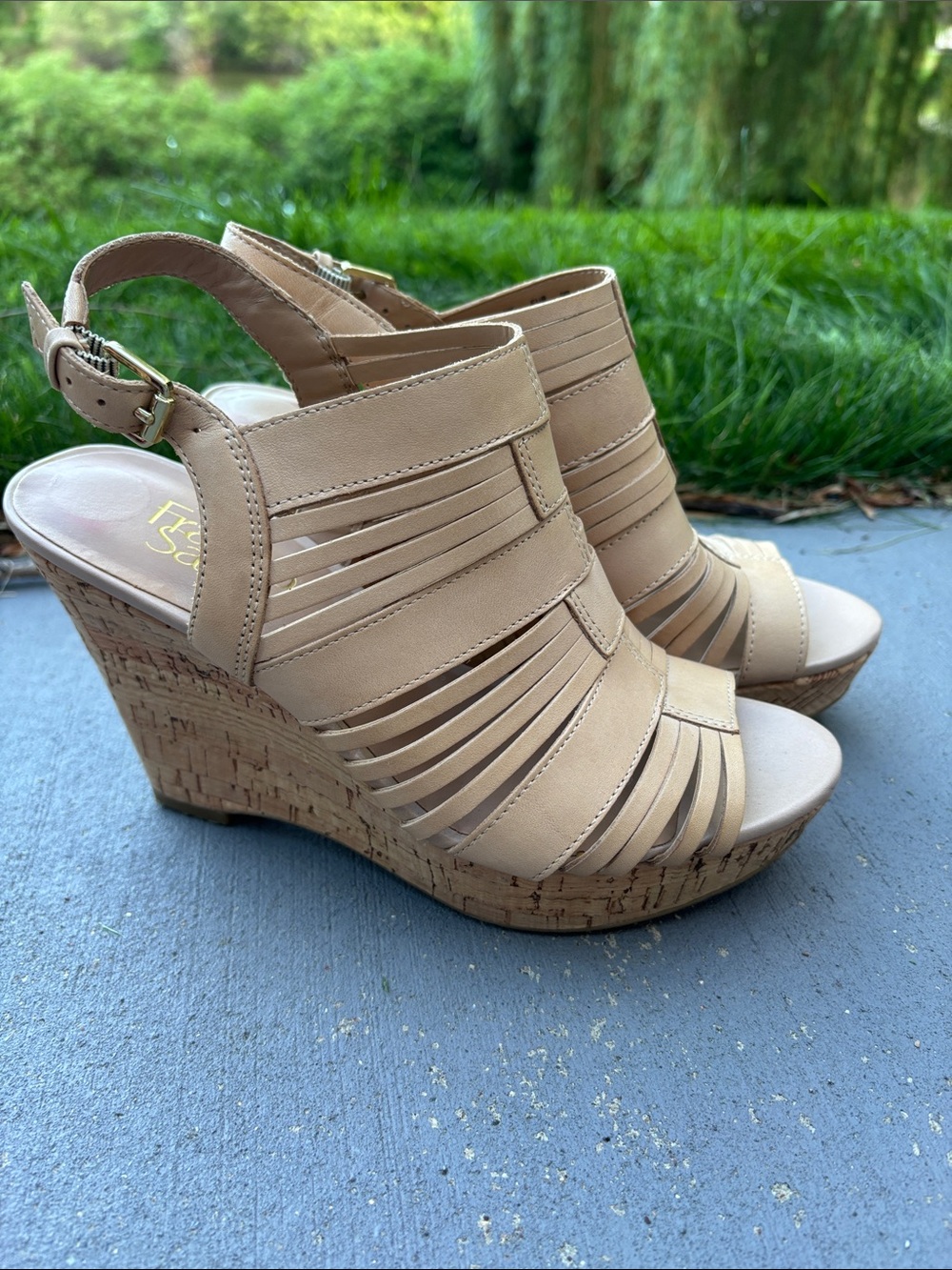 Women's Franco Sarto Beige Strappy Cork Wedge Sandals size 6M Leather Upper